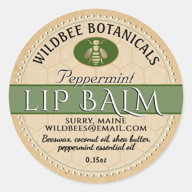 Sage on Kraft Beeswax Lip Balm with Dotted Border Classic Round Sticker (Front)