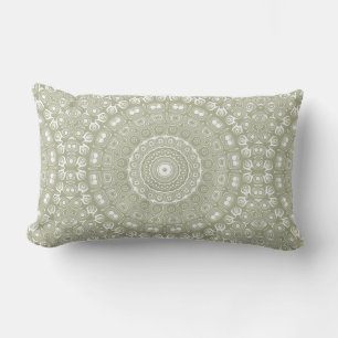 Sage on White Mandala Kaleidoscope Medallion Lumbar Cushion