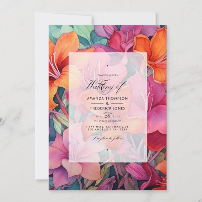 Sage, Orange and Fuschia Floral Wedding Invitation (Front)