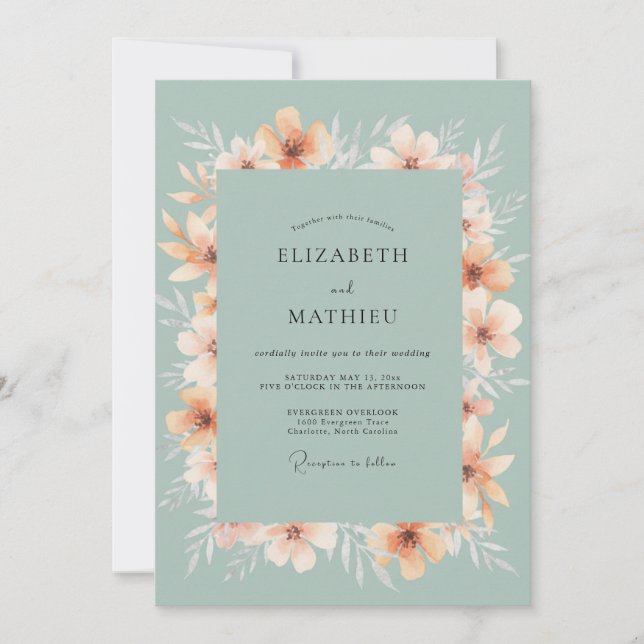 Sage Orange Blossom Wreath Wedding Invitation (Front)