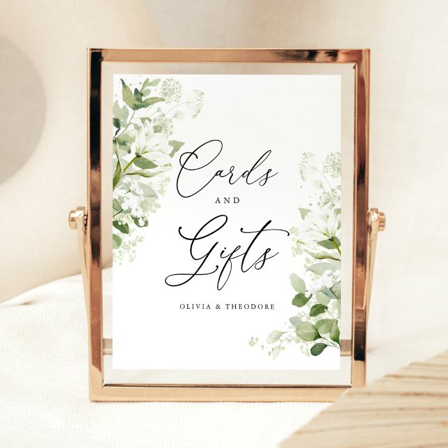 Sage Organic Greenery Cards & Gifts Wedding Table Pedestal Sign (Sage green cards and gifts wedding sign with organic greenery watercolor botanical florals displayed)