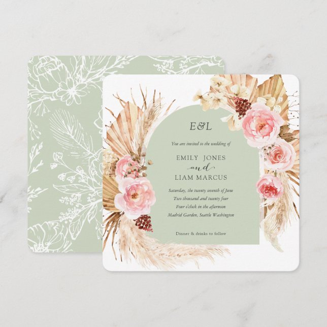 Sage Pampas Grass Boho Floral Square wedding Invitation (Front/Back)