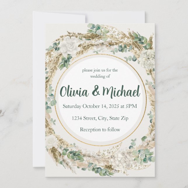 Sage Pampas Grass Wedding Invitation | Bohemian (Front)