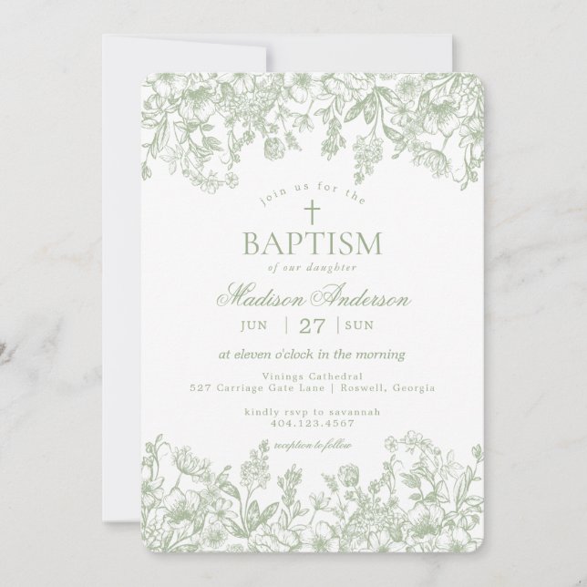 Sage Pastel Chinoiserie Vintage Floral Baptism Invitation (Front)