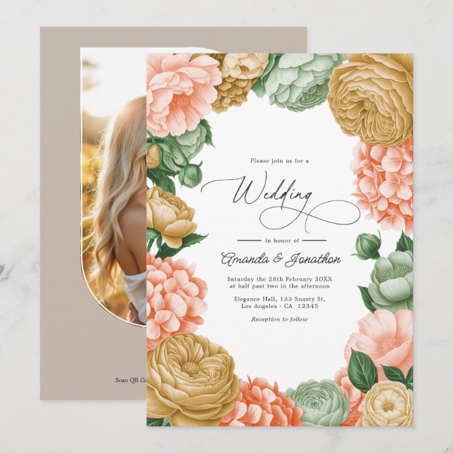 Sage, Peach & Antique Gold Floral Wedding Invitation (Front/Back)