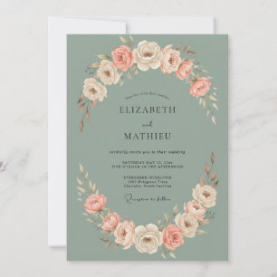 Sage Peach Blossom Romance Wedding Invitation