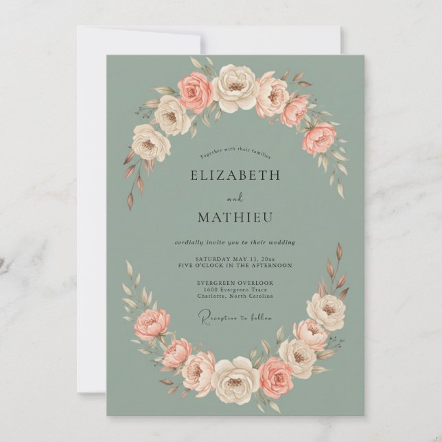 Sage Peach Blossom Romance Wedding Invitation (Front)
