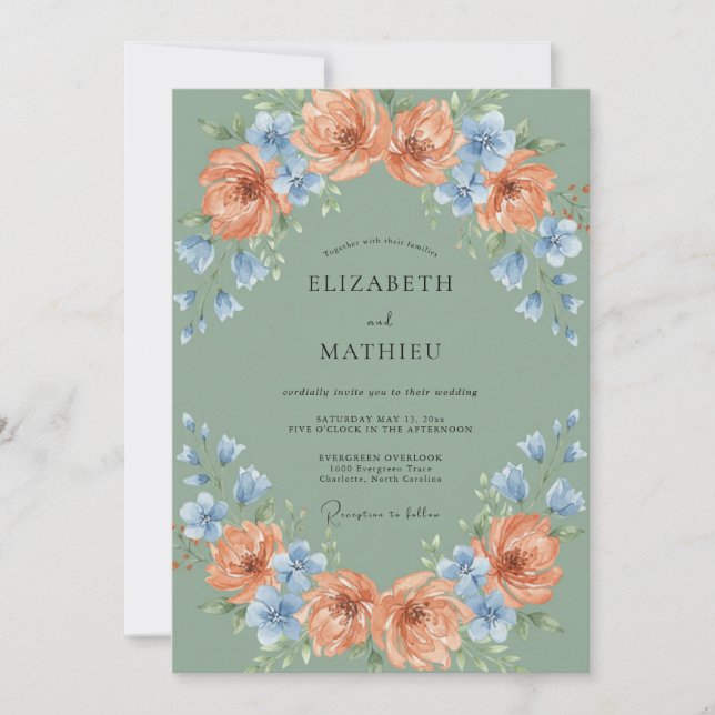 Sage Peach Blue Floral Wedding Invitation (Front)