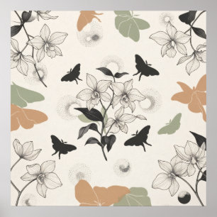 Sage Peach Floral Butterfly Line Art Poster