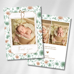Sage Peach Wildflowers Gold Bow Baby Photo  Announcement