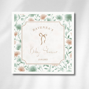 Sage Peach Wildflowers Gold Bow Baby Shower Napkin