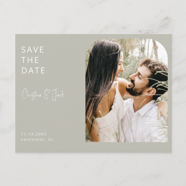 Sage Photo Modern Arch Wedding Save the Date  Postcard (Front)