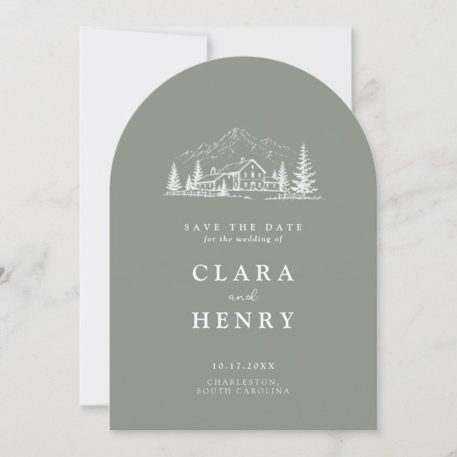 Sage Pine Arched Wedding Save the Date Invitation (Front)