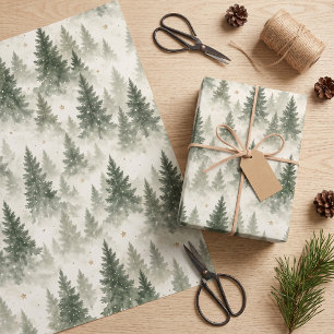 Sage Pine Trees and Gold Stars Christmas Wrapping Paper Sheet