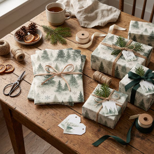 Sage Pine Trees and Snowflakes Christmas Wrapping Paper Sheet