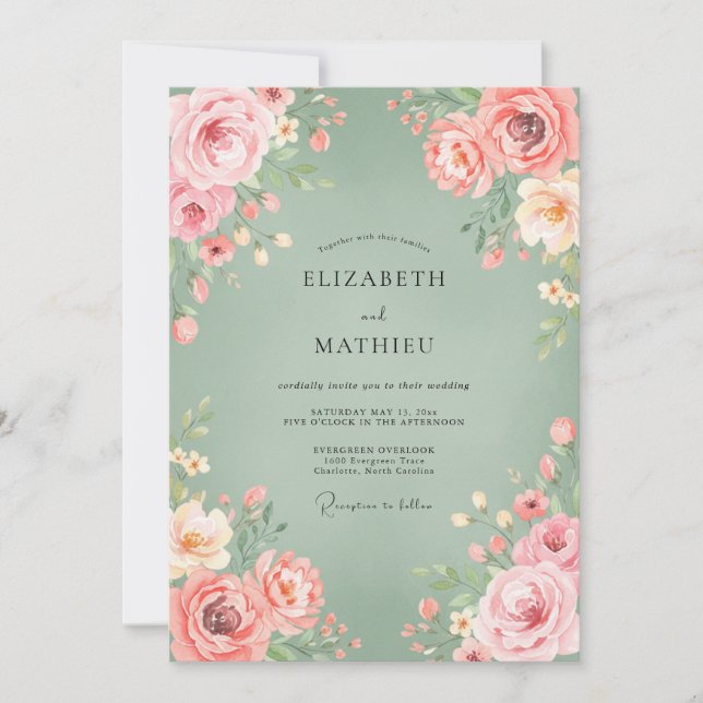 Sage Pink Bloom Flourish Wedding Invitation (Front)