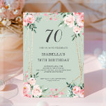 Sage | Pink Blush Floral 70th Birthday Invitation<br><div class="desc">Customisable 70th birthday invitation,  featuring pretty pink blush floral bouquets and leafy greenery on a sage green background,  with a gold geometric frame.</div>