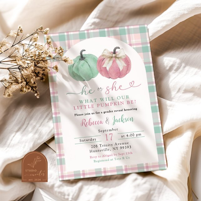 Sage Pink Ginham Preppy Pumpkin Gender Reveal Invitation (Creator Uploaded)