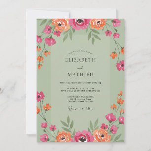 Sage Pink Orange Watercolor Wedding Invitation