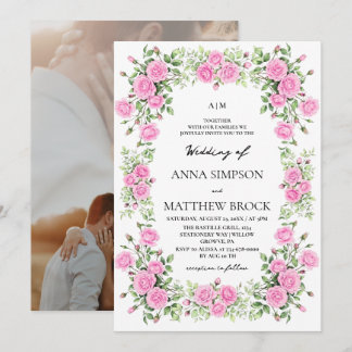 Sage Pink Roses Elegant Floral Wedding Invitation