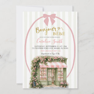 Sage Pink Stripe Parisian Cafe Baby Shower Invitation