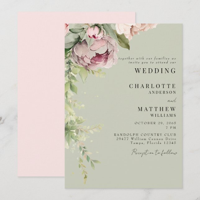 Sage & Pink Watercolor Peonies Elegant Wedding Invitation (Front/Back)
