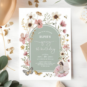 Sage Pink Wildflower Fairy 1st Birthday Invitation