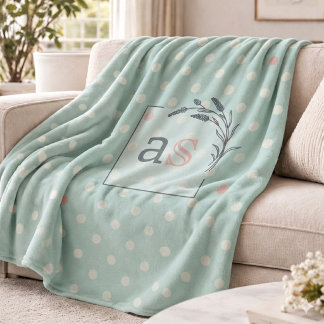Sage Polka Dot Monogram Throw Elegant Wedding Gift Fleece Blanket