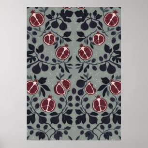 Sage Pomegranate Fig Folk Botanical Pattern Poster