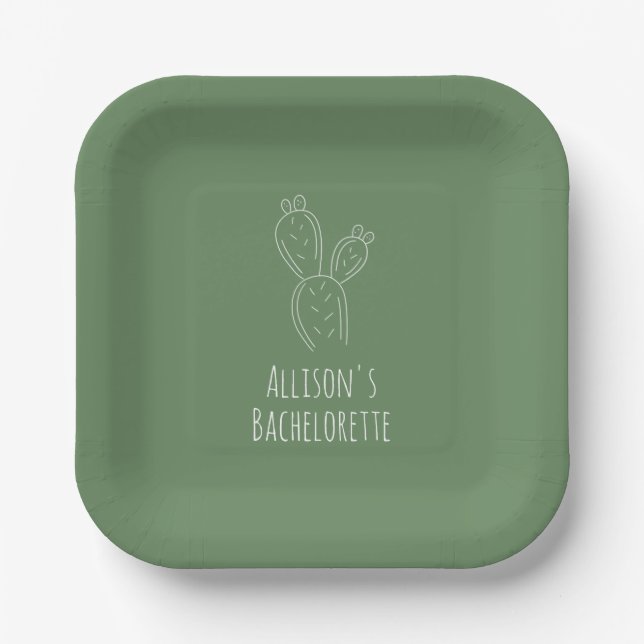 Sage Prickly Pear Cactus Bachelorette Paper Plates (Front)