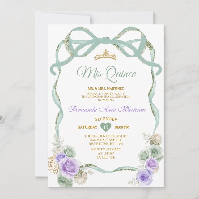 Sage Purple Floral Bow Ribbon Gold Girl Mis Quince Invitation (Front)