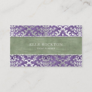 Sage Purple Glimmer Damask Silver Business Card