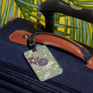 sage purple plum boho feathers doodle flowers luggage tag