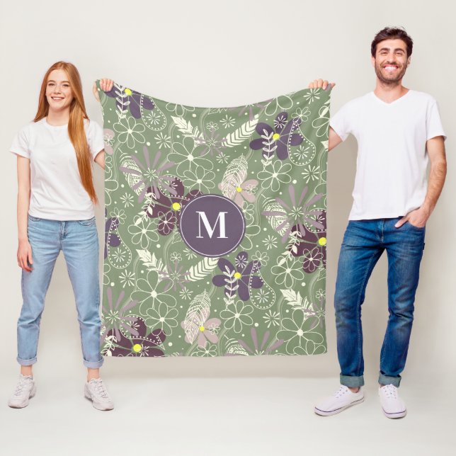 sage purple plum lilac feathers flowers pattern fleece blanket (In Situ)