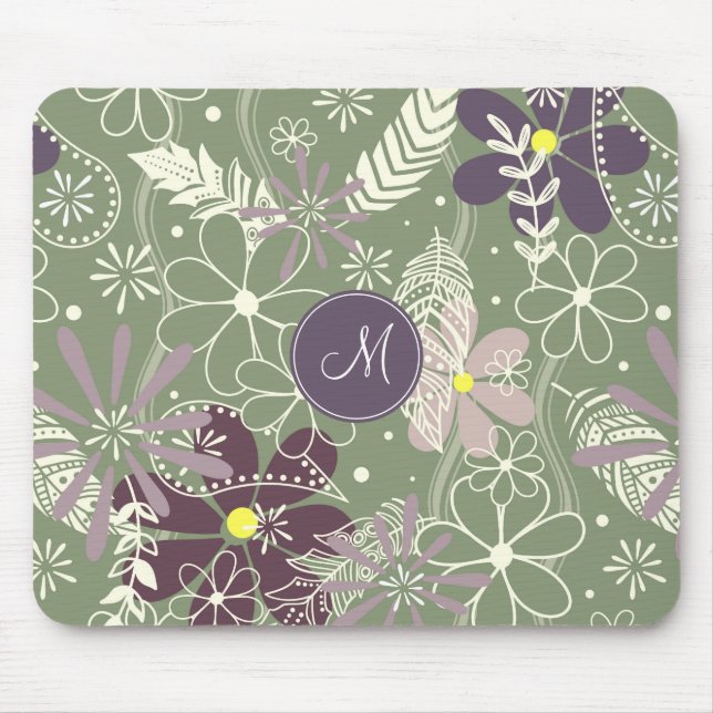 sage purple plum lilac feathers flowers pattern mouse mat (Front)