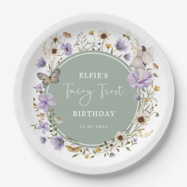 Sage Purple Wildflower Fairy Birthday Tea Party Paper Plate (Front)