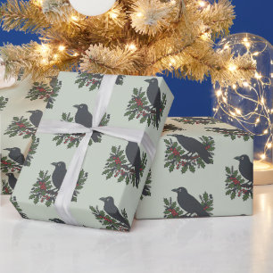 Sage Raven Holly Berries Vintage Christmas Wrapping Paper
