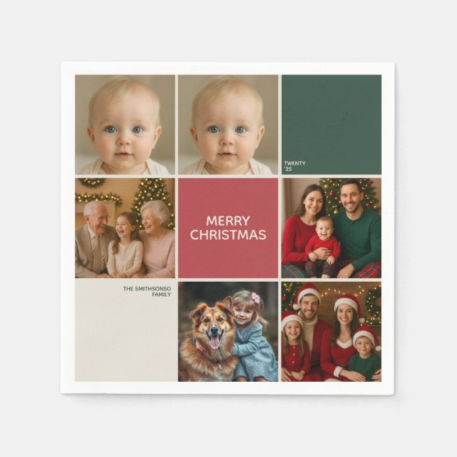 Sage RED beige Photos collage Christmas new year Napkin (Front)