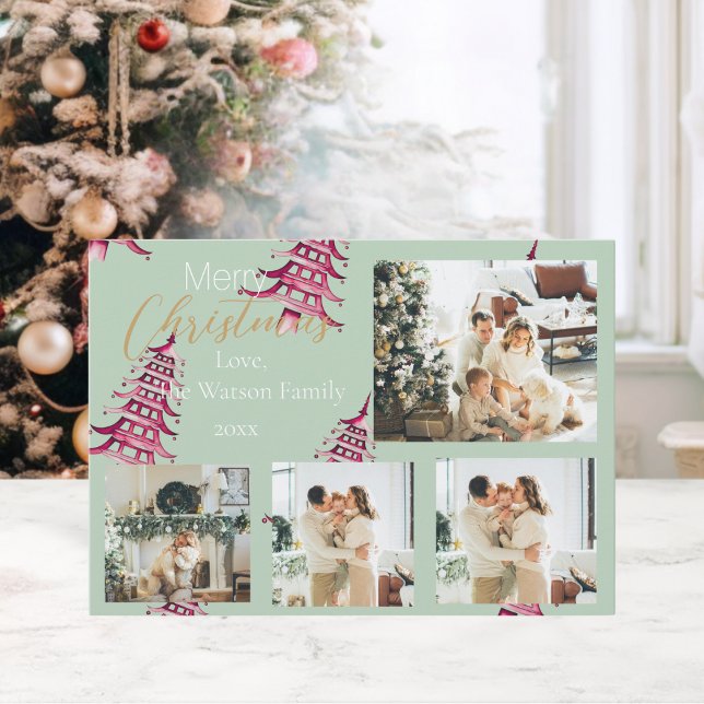Sage red Christmas Pagoda Trees 5-Photo  Holiday Card (Sage red Christmas Pagoda Trees 5-Photo Holiday Card)