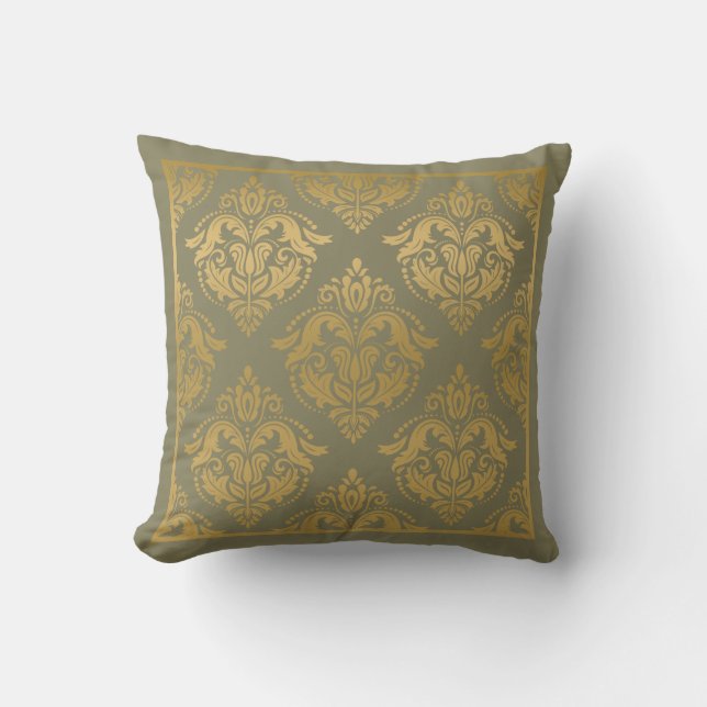 Sage Reen & Gold Geometric Damasks Cushion (Front)