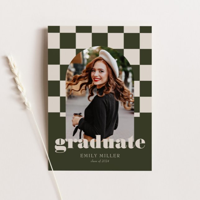 Sage Retro Checkered Arch Classic Photo Graduation Invitation (Creator Uploaded)