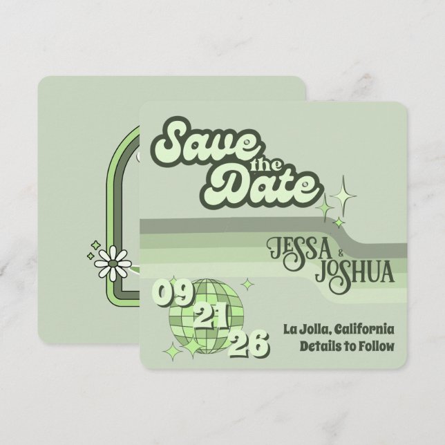 Sage Retro Funky Disco Wedding - Save the Date Invitation (Front/Back)