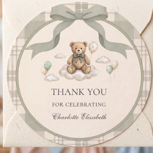 Sage Ribbon Plaid Teddy Bear Cloud Baby Shower Classic Round Sticker