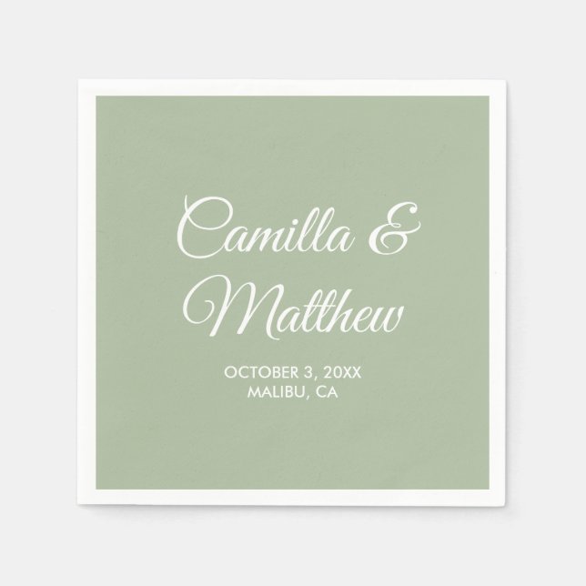 Sage Romantic Script Personalised Wedding Napkins (Front)