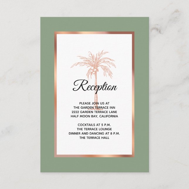 Sage Rose Gold Copper Palm Tree Wedding Reception Enclosure Card (Front)