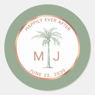 Sage Rose Gold Palm Tree Monogram Tropical Wedding Classic Round Sticker