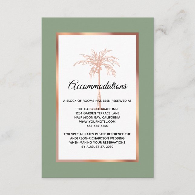 Sage Rose Gold Palm Tree Wedding Accommodations Enclosure Card (Front)