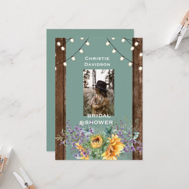 Sage Rustic Sunflower Photo Lights Bridal Shower Invitation (Front/Back In Situ)