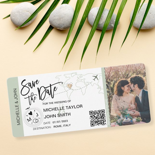 Sage Save the Date Boarding Pass World Map QR  Invitation (Creator Uploaded)