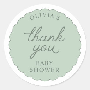 Sage Scalloped Frame Round Neutral Baby Shower Classic Round Sticker